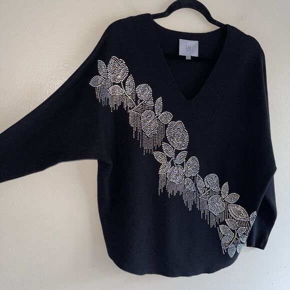 Liv Milano Black Evening Sweater L Top Floral Metallic Beading Knit Lightweight - Picture 10 of 10